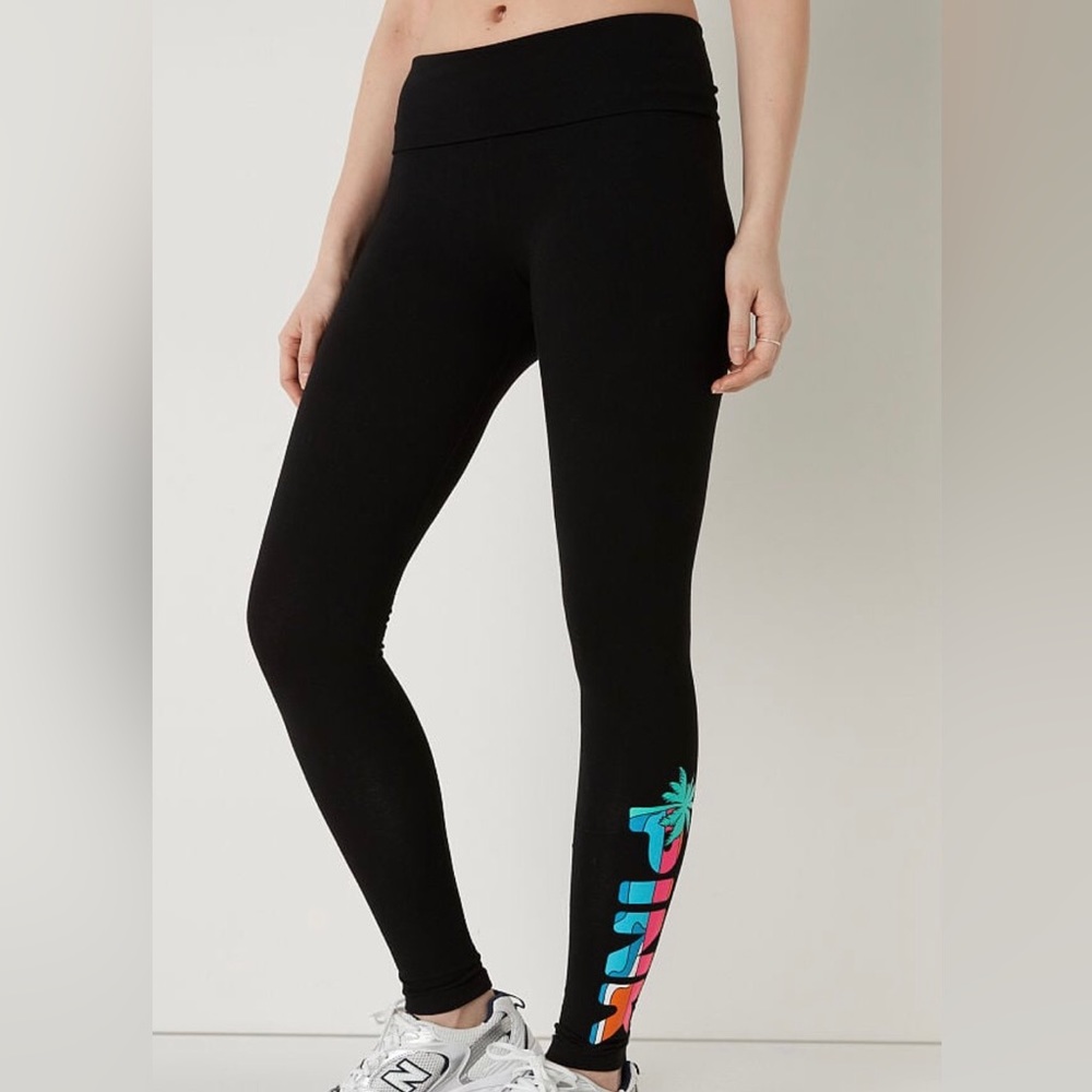 VS/PINK COTTON FOLDOVER LEGGINGS IN FULL LENGTH-SLIM FIT-BLACK TROPICAL-Large
